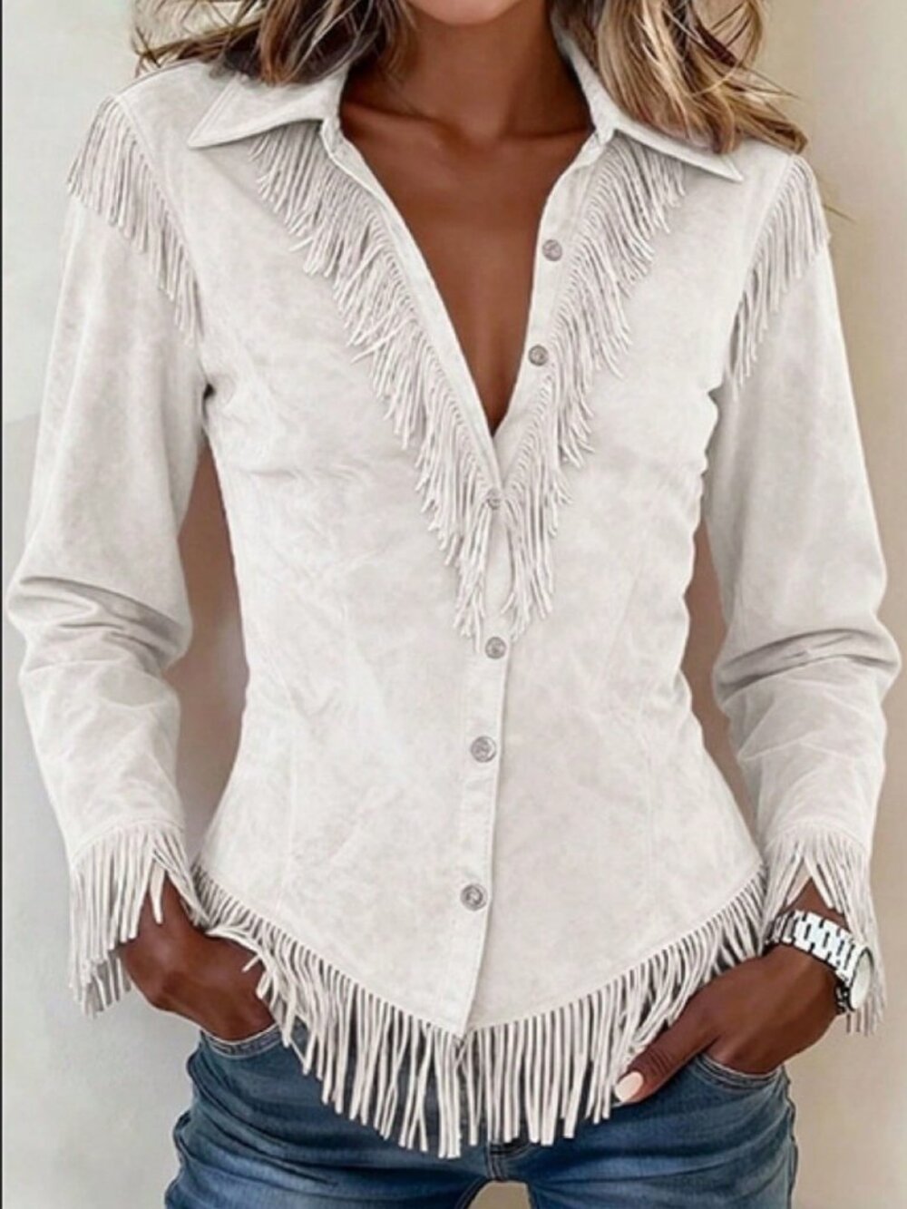 White Sexy Women's Jacquard Tassel Regular Fit Long Sleeved Top Shirt